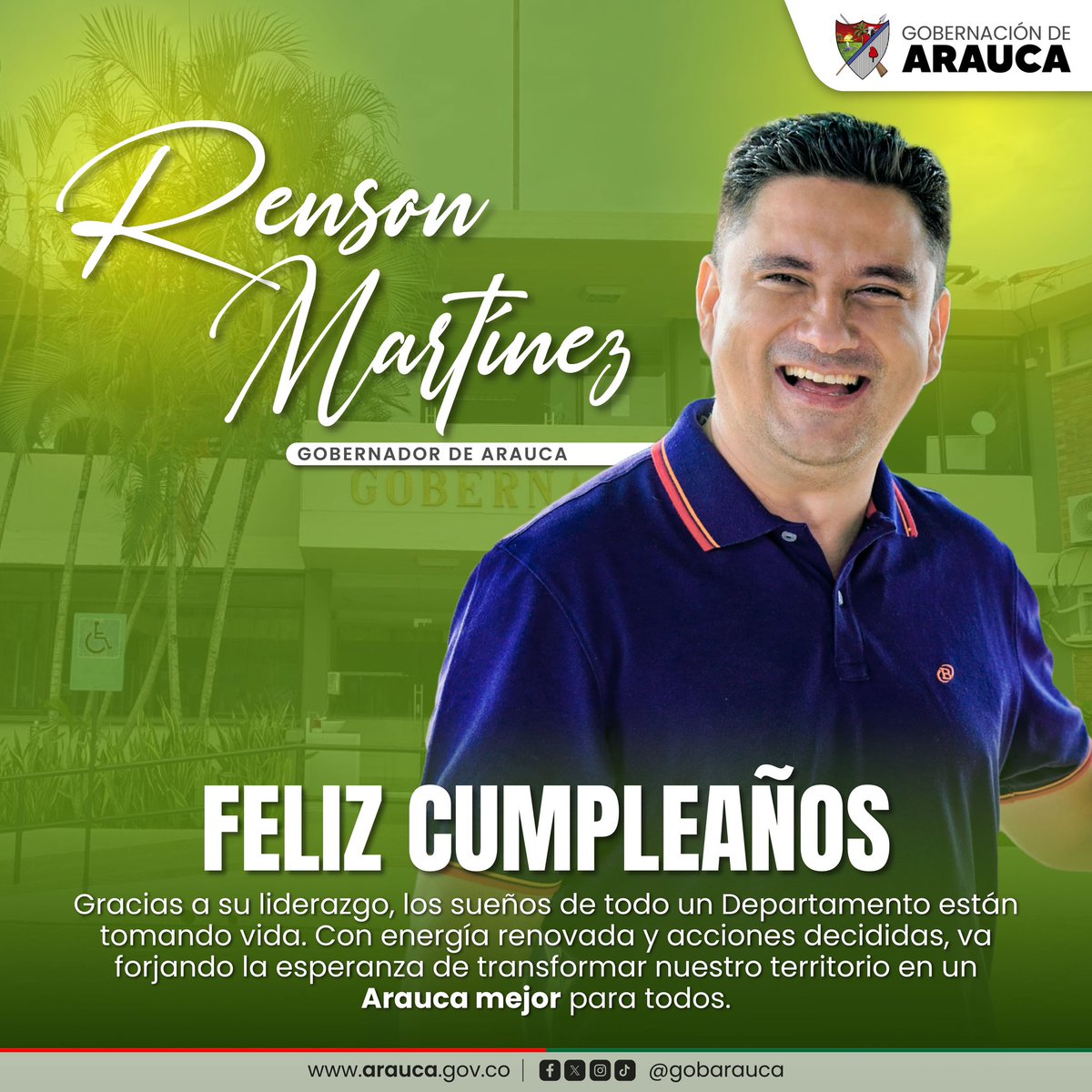 ¡Desde la Gobernación de Arauca, queremos desear un feliz cumpleaños a nuestro Gobernador Renson Martinez Prada! 👏 Su dedicación incansable por el desarrollo y el bienestar de nuestro Departamento nos inspira a avanzar hacia un Arauca Mejor. ¡