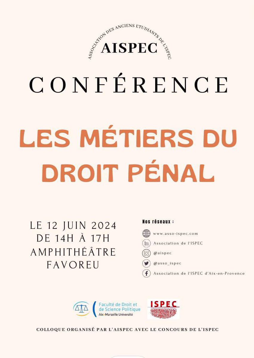 ON EST DE RETOUR ✨

L'AISPEC a le plaisir de vous informer de la 2e édition de sa conférence sur "Les métiers du droit pénal" 🔊

Rdv le 12 juin à partir de 14h en amphithéâtre Favoreu (Espace Cassin) 📍

Le détail du programme vous sera présenté prochainement ⏰