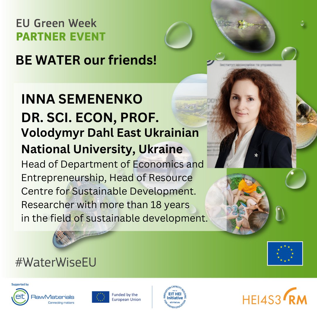 HEI4S3_RM's tweet photo. Yevhen Zubtsov and Inna Semenenko from Volodymyr Dahl East Ukrainian National University will present “Water supply problems in Ukraine: the impact of war” on BE WATER our friends! event💧

Follow us on X and register: https://t.co/I8ULzd0xq2 

#HEI4S3RM #GreenWeekEU #WaterWiseEU https://t.co/E2urwXUTPP