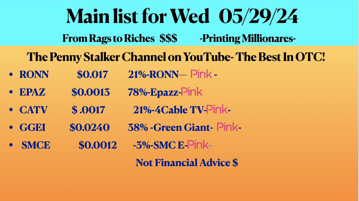 Welcome to the most progressive list in OTC out there in cyber world 💰
$RONN
$EPAZ
$CATV
$GGEI
$SMCE
🇨🇴🧑🏻‍💻🇺🇸🧳💕🎁💰🧨🥱