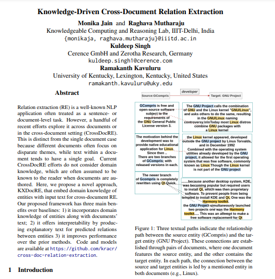 Our work on using Knowledge Graphs (Wikidata) to improve the relation extraction between two entities across documents has been accepted at #ACL2024 Findings. Congrats @MonikaJ51470967, @OyeKuldeep, @BioNLProc. The preprint is available at arxiv.org/abs/2405.13546.