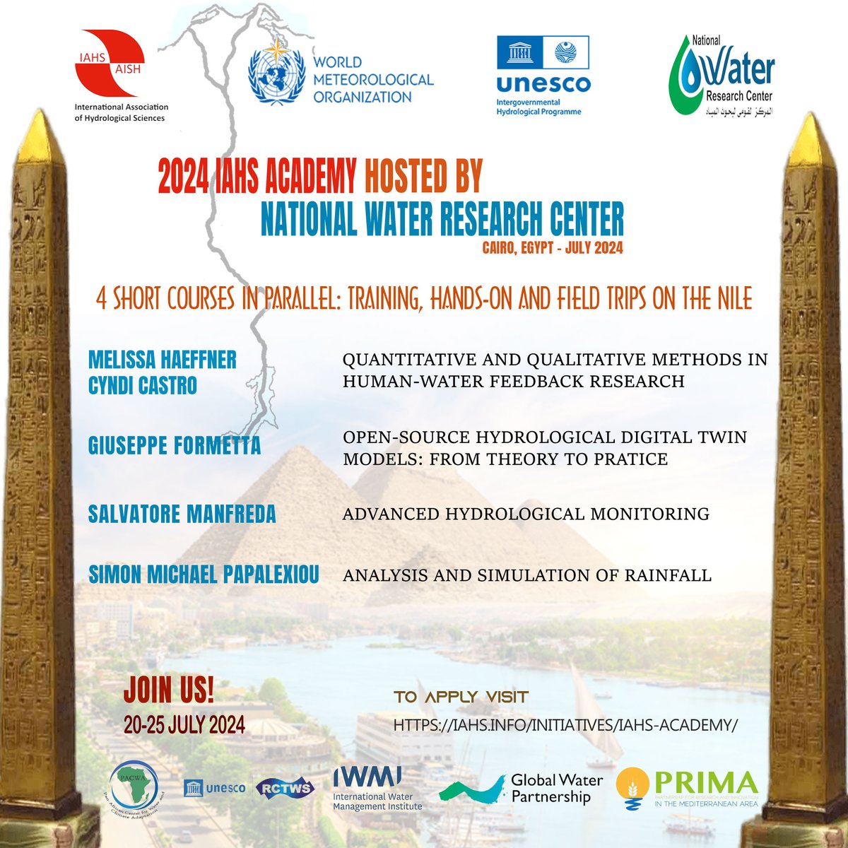 <a href="/IAHS_AISH/">IAHS_AISH</a>  Academy (Cairo, July 20-25, 2024): Call for applications. Join us for this 1st edition of the International Association of Hydrological Sciences summer program co-organized w/ UNESCO IHP, WMO, NWRC, PACWA and supported by IWMI, GWP and PRIMA. 
iahs.info/Initiatives/ia…