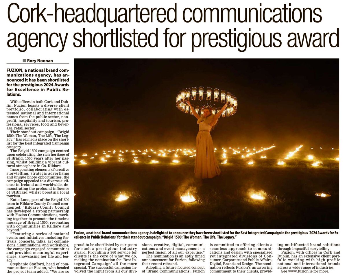 I love to read headlines like this !! <a href="/FuzionComms/">Fuzion</a> have been shortlisted for a national PR award, which is the "Oscars" for  our industry in Ireland #WinHappy