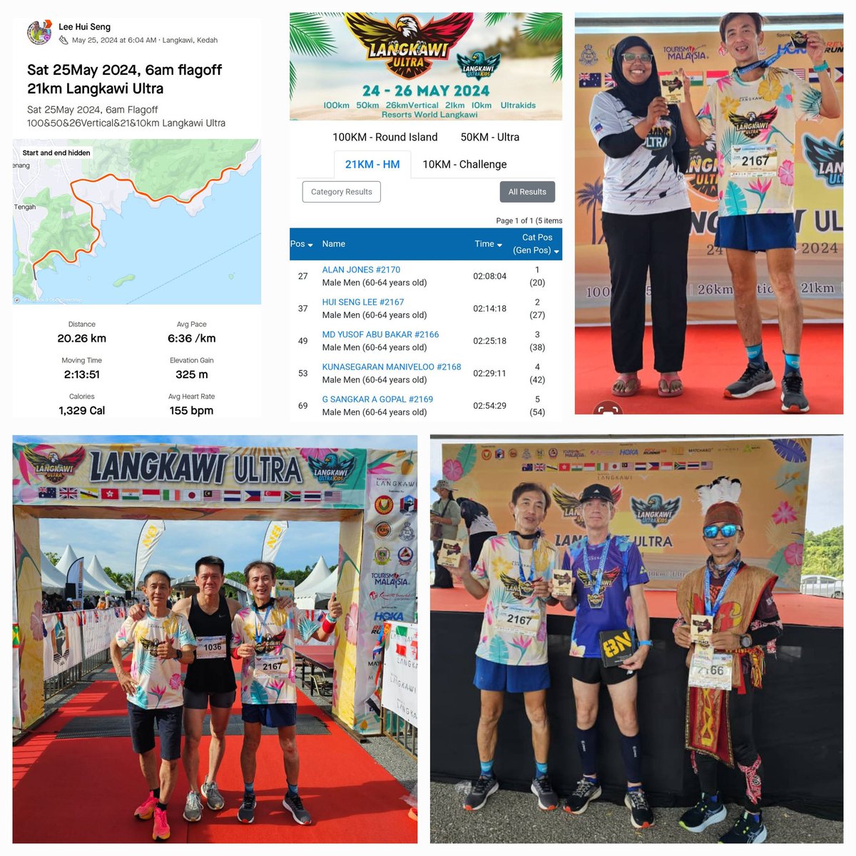 Part 1 of Back 2 Back Running weekend
Got 2nd place for 21km Senior Veteran,60-64 years category
Sat 25May 2024, 6am Flagoff
100&50&26Vertical&21&10km Langkawi Ultra
Nice seaside scenery along 21km gentle slope,uphill and downhill road run route: 
facebook.com/share/p/GAW1Ro…