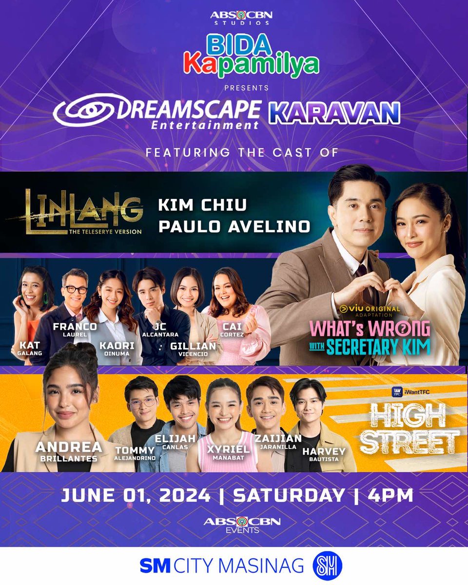 The BIGGEST BONDING WITH THE STARS has just started!

ABS-CBN Studios’ #BidaKapamilya proudly presents: DREAMSCAPE KARAVAN!

Samahan ang cast ng #WWWSKTVPremiere, #HighStreet, at #LinlangTV on June 1! 💜 

#DreamscapeKaravan 
#LinlangAngSagarangFinale
#HighStreetDomination