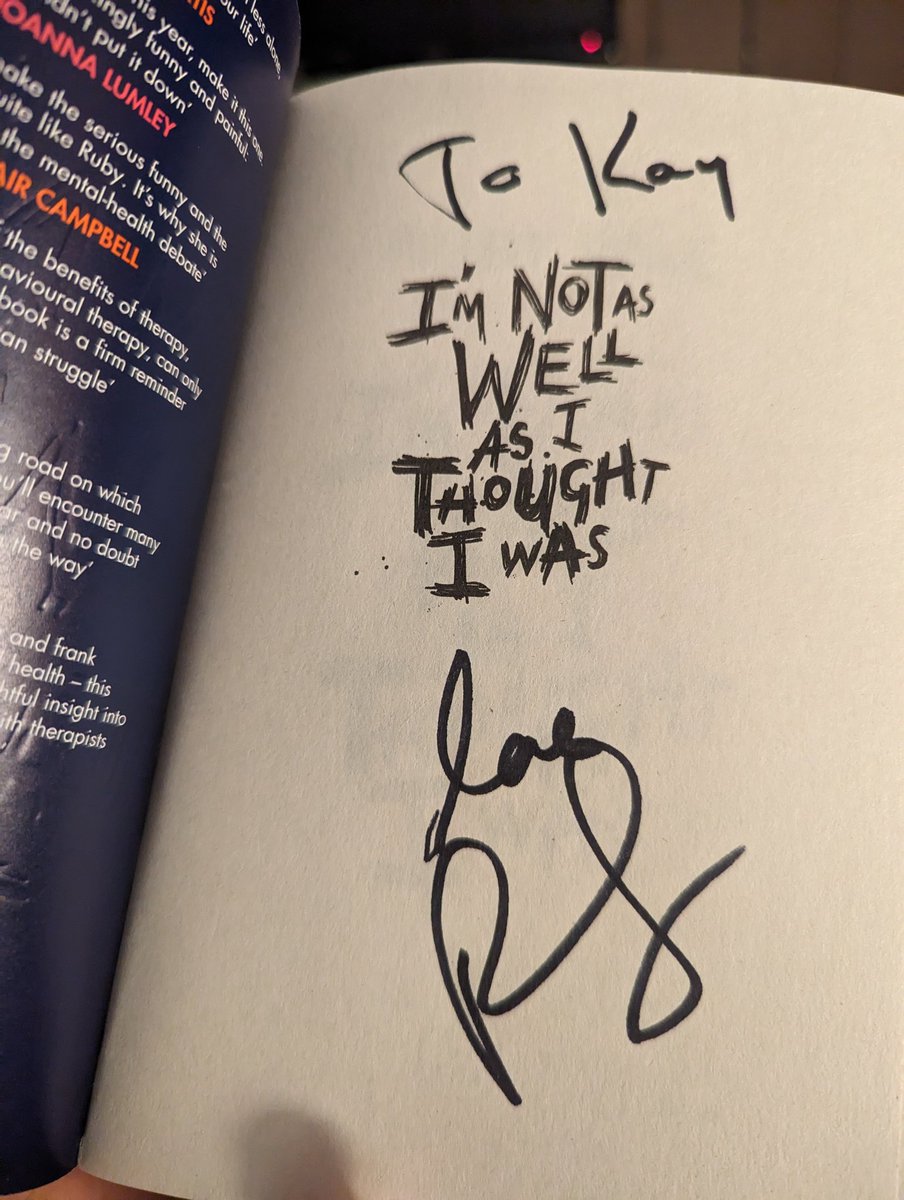 Great show by @Rubywax last night at @RoyalDerngate about her journey with her own MH. Insightful but also hilarious! First time I've had a book signed by an author so made my day. Thanks & good luck with the rest of the tour Ruby!  #mentalhealth #booknerd #TherapistsConnect
