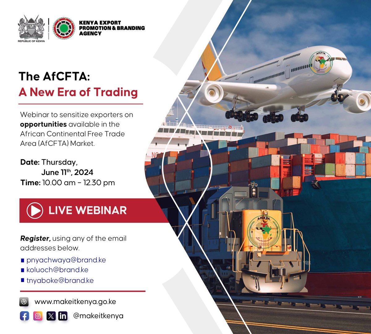 THE AfCFTA - A NEW ERA OF TRADING WEBINAR Join us on Thursday, June 11th, 2024, from 10:00 AM – 12:30 PM for an insightful webinar on AfCFTA. Discover opportunities in the African Continental Free Trade Area (AfCFTA) market and learn how exporters can benefit.