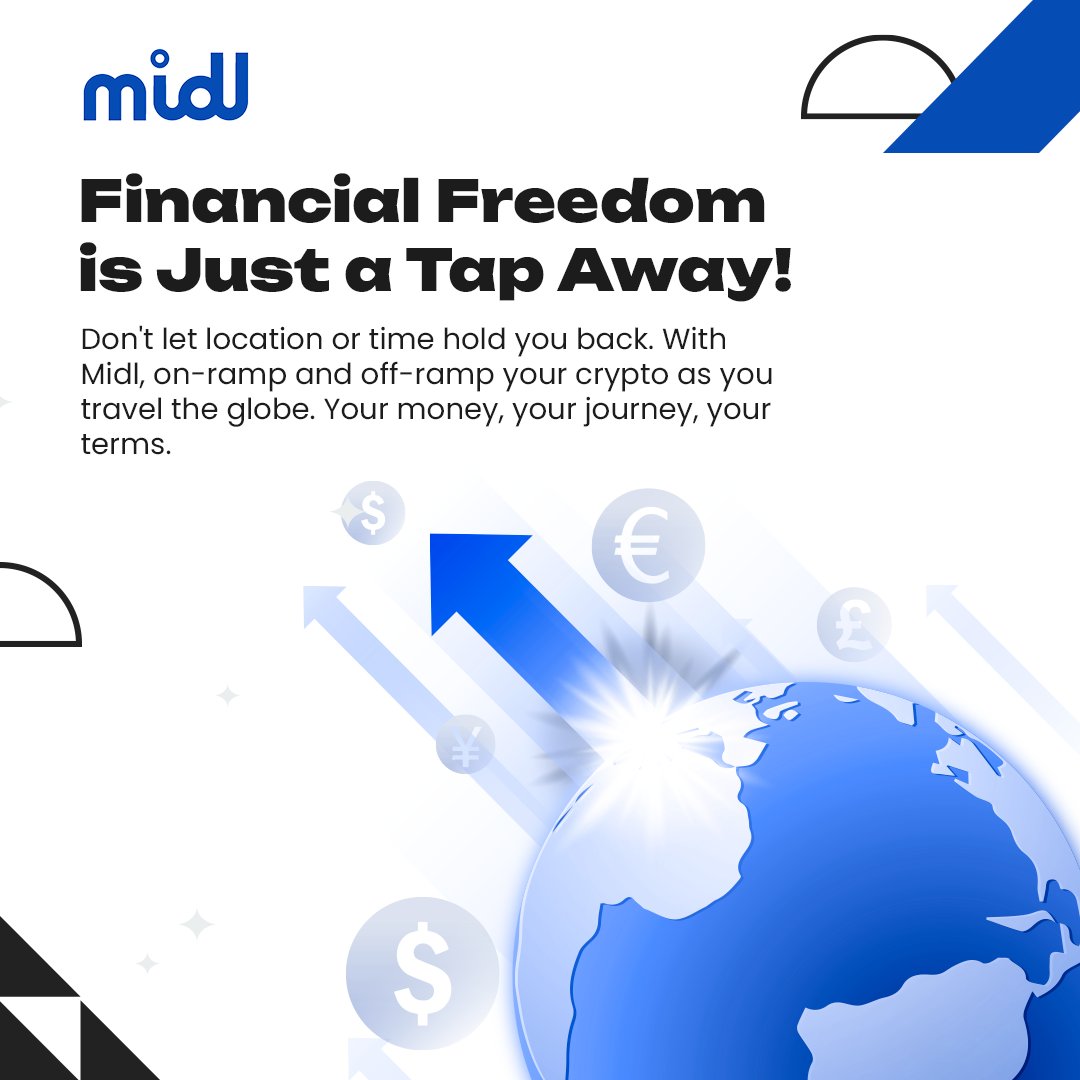 Experience True Freedom with Midl 🌟
🕒 Anytime. 📍Anytime
Midl is your go-to platform for easy on-ramping and off-ramping. Get started now and take control of your finances!

#MidlFreedom #Crypto #paymentgateway #paymentsolutions #onramp #offramp #bank #blockchain #fiat #money