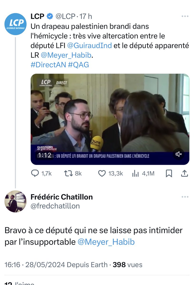 Voilà: Frédéric Chatillon, un des intimes de Bardella, un de la bande à Jordy, félicite un député insoumis d’avoir traité à l’Assemblee nationale, devant les caméras, un député franco-israélien de «  porc », insulte raciste très prisée par les Nazis. C’est tout.