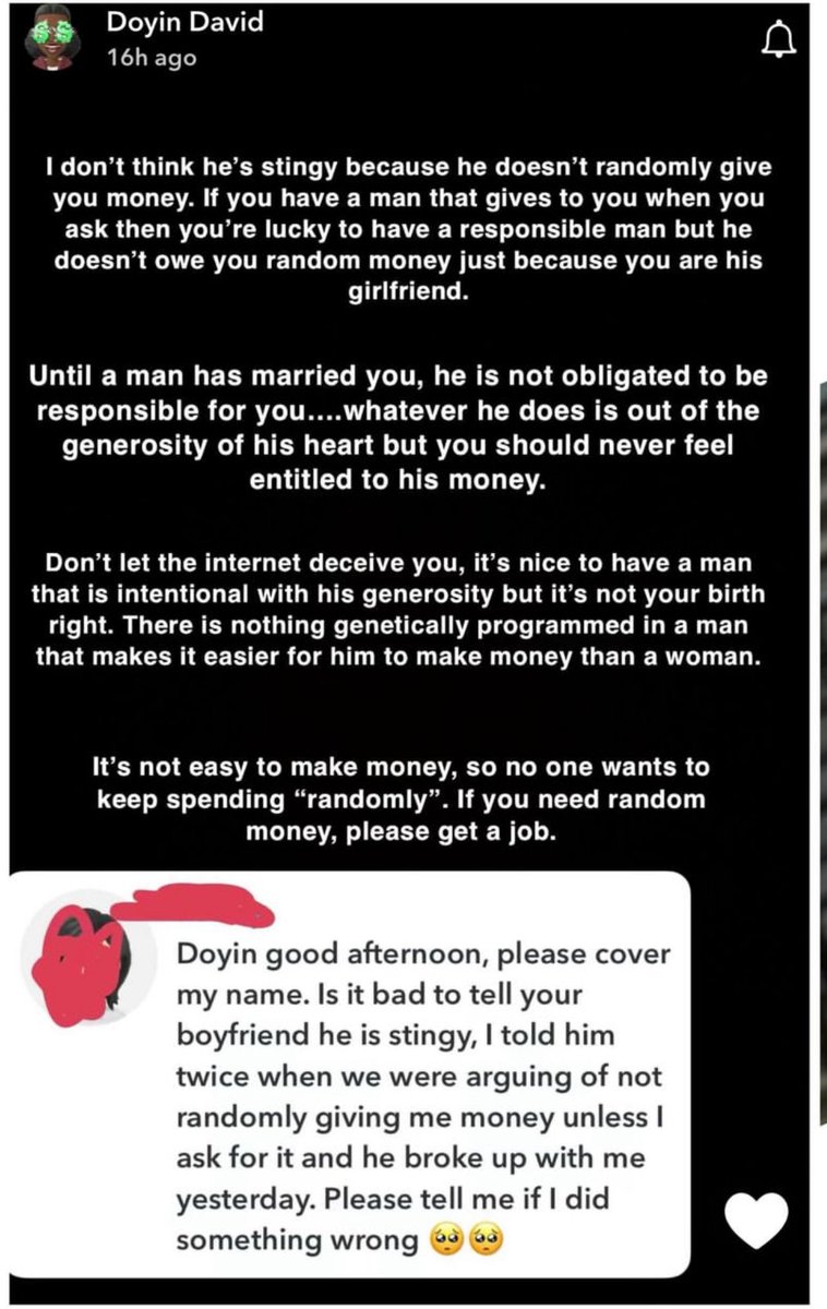 yabaleftonline's tweet photo. “Until a man has married you, he is not obligated to be responsible for you. Whatever he does is out of generosity of his heart but you should never feel entitled to his money” - BBNaija’s Doyin. https://t.co/Oq7rWKSUv5
