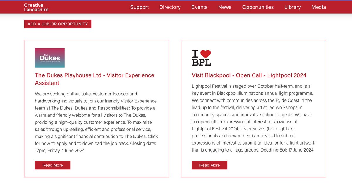 JOBS & OPPORTUNITIES:

Check out the latest listings on our Jobs & Opportunities page, including these from @visitBlackpool and @TheDukesTheatre

Add your own creative listings and callouts for free here: creativelancashire.org/jobs  (we'll review + publish)