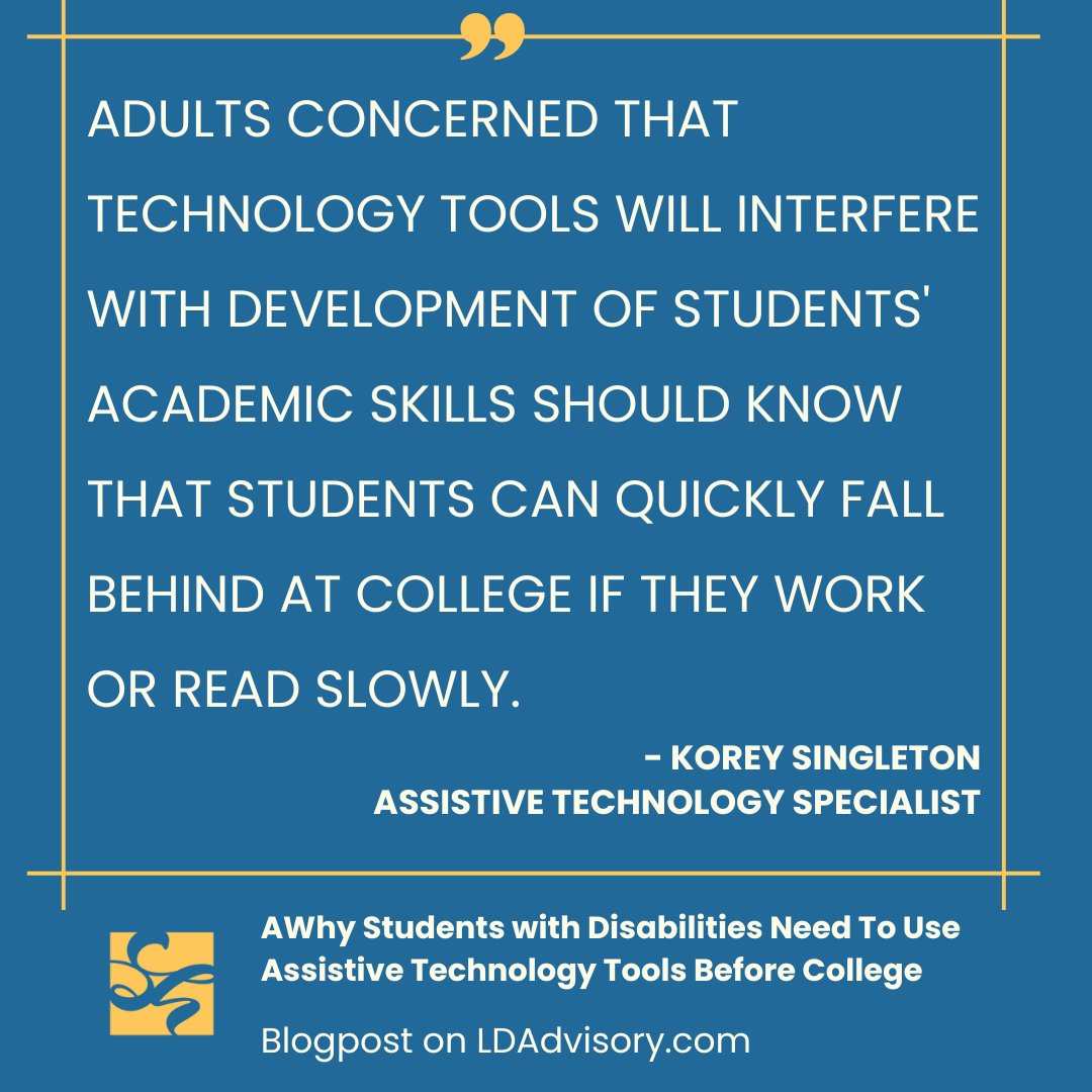 At college, students are unlikely to get human assistance with assignments and tests, which is why they need assistive tech (AT). But they need to get used to using it before college. @KarenJan @mwilliamsAT bit.ly/LDBlog138x

#LearningDisabilities #ADHD #dyslexia #ATchat