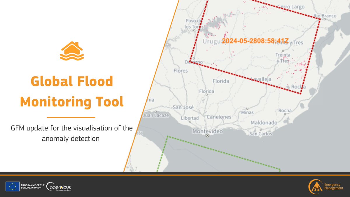Our Global Flood Monitoring #GFM tool 🌊 has recently been updated with a 🆕 visualisation scheme for anomaly detection 🗺️ Users are now able to see which of the latest #Copernicus #Sentinel1 🇪🇺🛰️ image tiles contain a significant amount of #flooding 📎global-flood.emergency.copernicus.eu/news/169-minor…