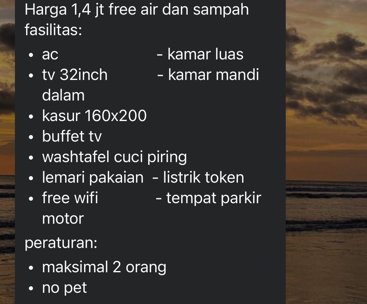 13ig_chee5e's tweet photo. Hai guys Bali Area.
Aku mau oper kost an yg aku tempatin ya.
Sebulan nya 1.4 jt, aku masih sisa sampai tanggal 15 ya guys, kalau mau bayar 700 rb.
Untuk info lokasi dm aku ya guys. Nanti aku kasi lengkap sama foto kamar di dalam nya.
Terima kasih🙏🏻☺️ https://t.co/weNmtJFXme