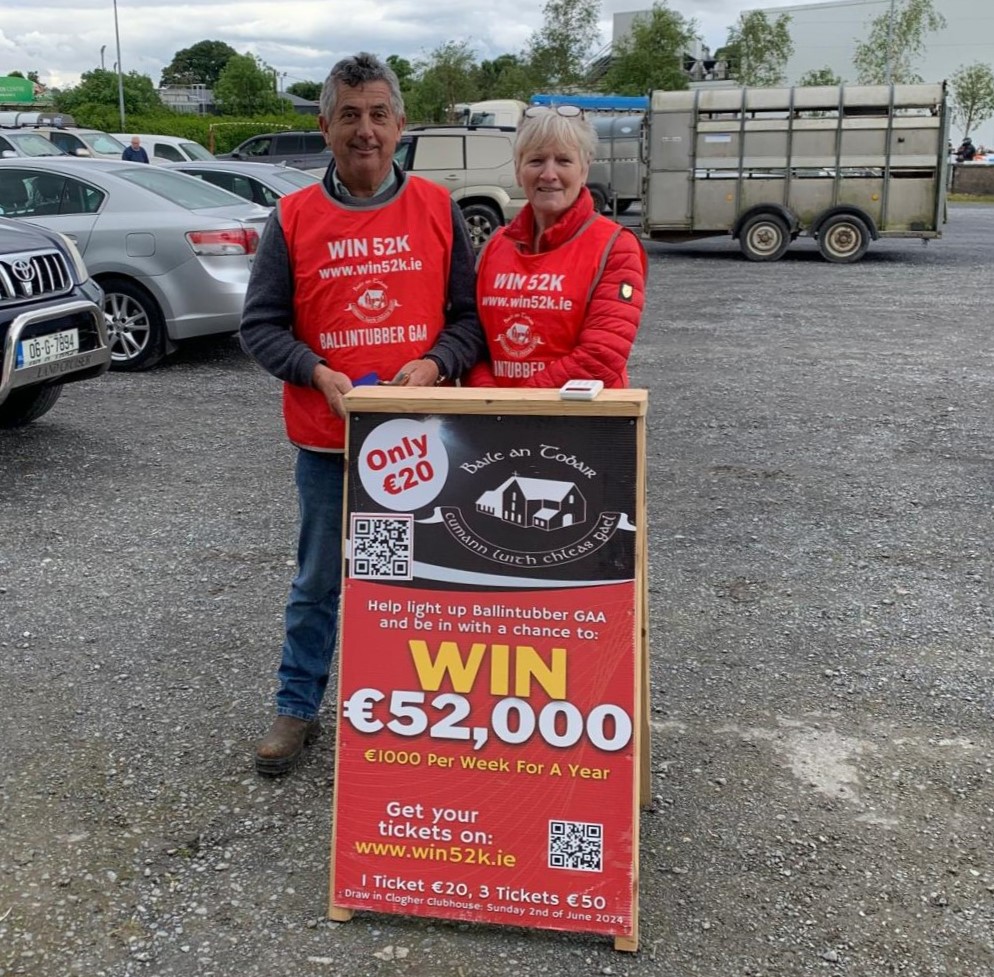 *FOUR DAYS TO OUR WIN52K DRAW* Joe Kelly and Bridie Heneghan selling tickets for our Win52k draw at Ballinrobe Mart this afternoon. Be in with a chance of winning €1,000 A WEEK FOR AN ENTIRE YEAR by entering the draw before June 2 via: win52k.ie #GAA #Win52k