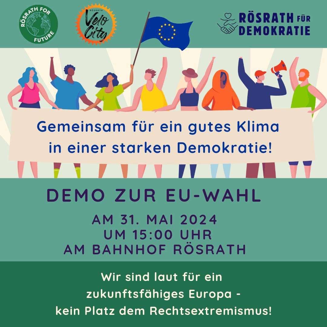 #SaveTheDate #Rösrath am 31.05.24 um 15:00 Uhr

Demo zur #EU-Wahl, gemeinsam für ein gutes Klima, gegen Rechtsextremismus

Bahnhof Hauptstraße 85, 51503 Rösrath