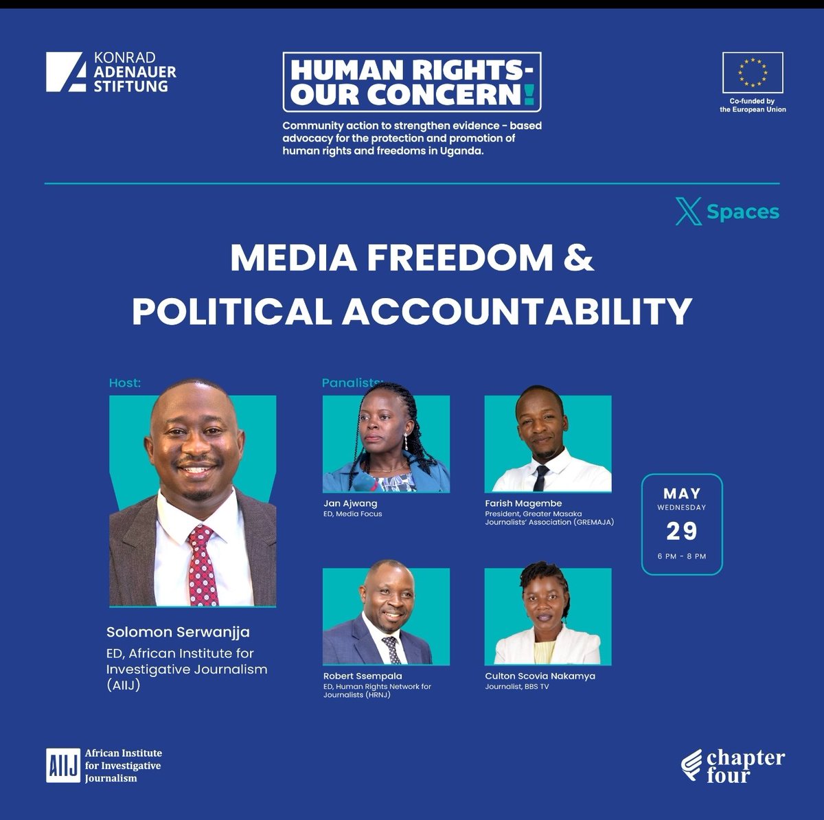 Tonight, our president joins a panel hosted by @AfricanIIJ to discuss #MediaFreedom and Political Accountability. The focus will be on strengthening advocacy for journalists protecting the truth, and promoting human rights and freedoms in Uganda.
@HRNJUganda @CPJAfrica