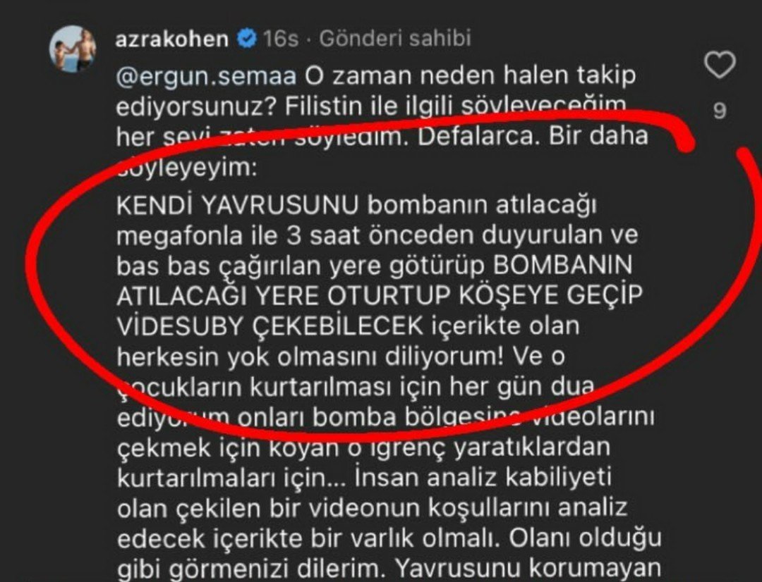 - azra kohen, filistinli çocukların annelerini suçlamış. bombaların altına gönderiyolarmış çocuklarını. yani neredeyse diyor ki biz bombaladık diye değil, onlar bombaların altında oldukları için ölüyorlar! bu kadar görkemli bi embesilliği ben hayatımda görmedim! #RafahOnFire