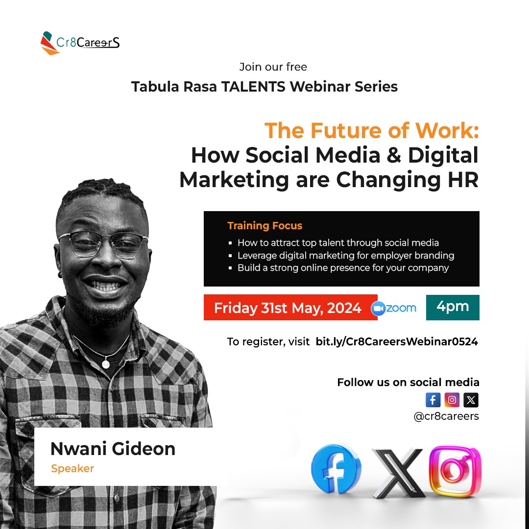 The Future of Work is Digital 🖥

This Friday, May 31st, join Cr8careers for an exclusive webinar with Gideon Nwani (@_PablocastroPR) a social media & digital marketing expert on Zoom!

Topic: The Future of Work: How Social Media & Digital Marketing are Changing HR.