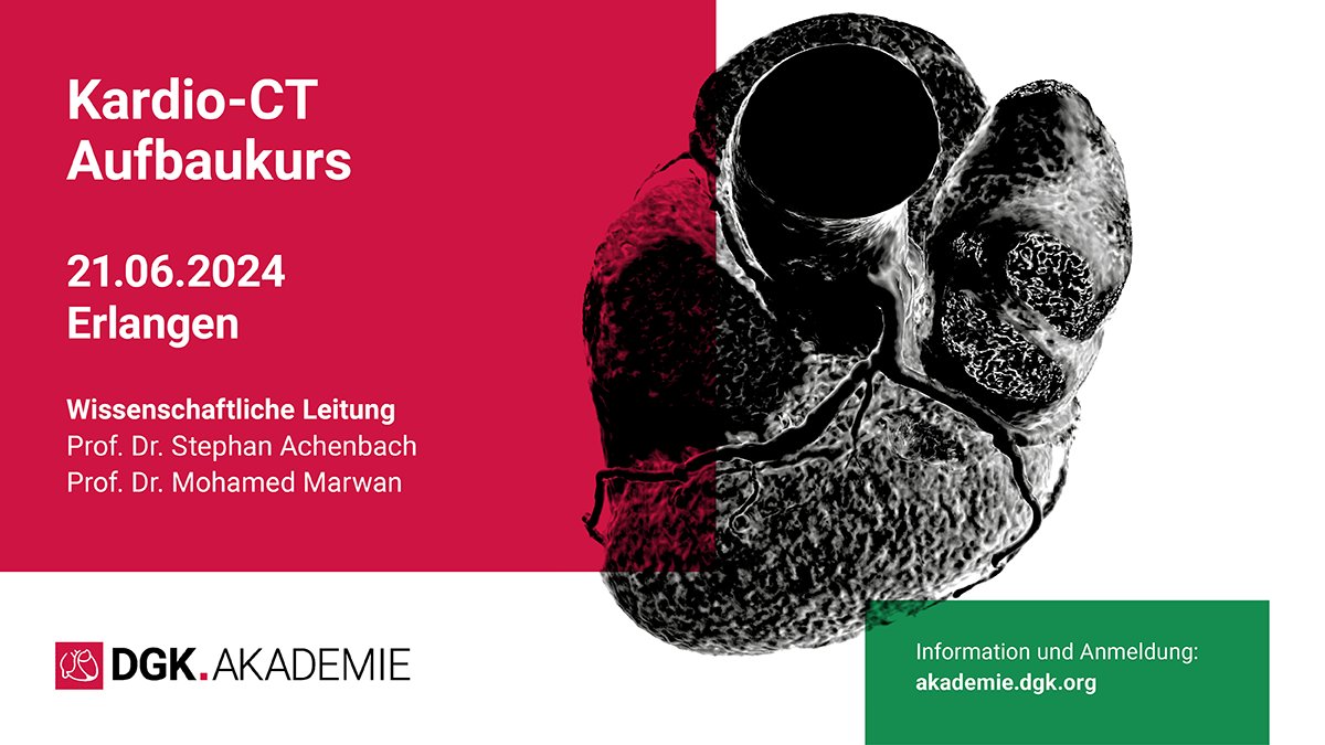 Interessiert an der #CTDiagnostik? Der #KardioCT Aufbaukurs am 21. Juni 2024 in Erlangen bietet eine ideale Fortbildungsmöglichkeit. Perfekt für Kollegen mit Grundkenntnissen, die ihre Fähigkeiten auffrischen wollen. 👉akademie.dgk.org/veranstaltung/… #DGK #DGKAkademie