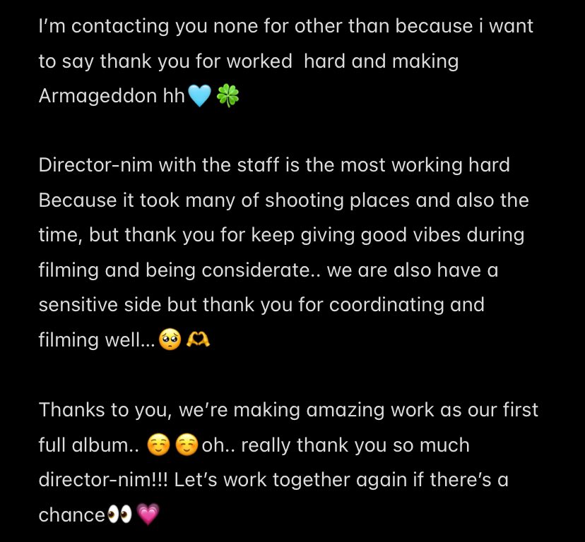 Karina sent a dm to the MV Director of Armageddon🥺 “Director-nim, hello i’m karina☺️☺️” “Thanks to you, we’re making amazing work as our first full album.. ☺️☺️” full translation below↘️