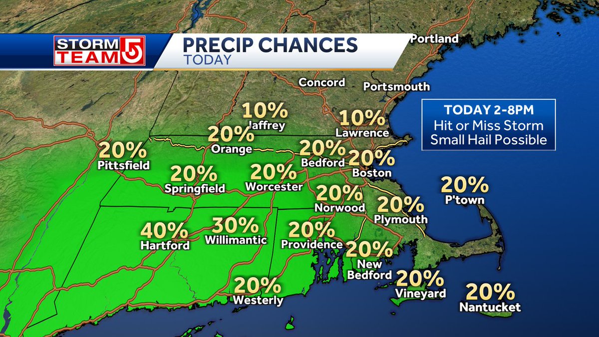 HIT OR MISS STORM...
Possible today.  It's a low risk- only about 20% chance of a pop-up shower or t-storm late afternoon-early evening.  If you do get caught under one-  expect a brief downpour, lightning and potential for small hail in stronger storms.  #WCVB