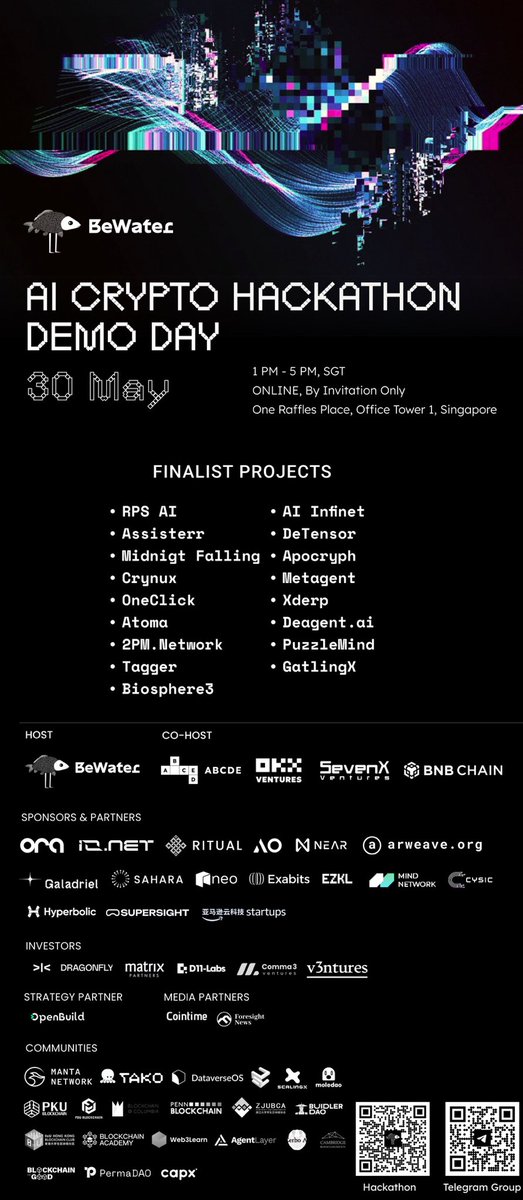 BeWaterDAO's tweet photo. 📣 #BeWater AI Crypto Hackathon Finalists

After careful review, we’re proud to unveil the finalist teams for the #BeWaterAICryptoHackathon, set to showcase their projects at the exclusive Demo Day. Congratulations to all! 🎉

BeWater AI Crypto Hackathon Demo Day will be conducted online via Zoom meeting, exclusively for invited sponsor and investor partners along with the finalist teams. Details of the projects will be available soon!

📆 Time: May 30, 1 PM - 5 PM SGT

Looking forward to witnessing these teams’ exciting pitches on Demo Day!👀