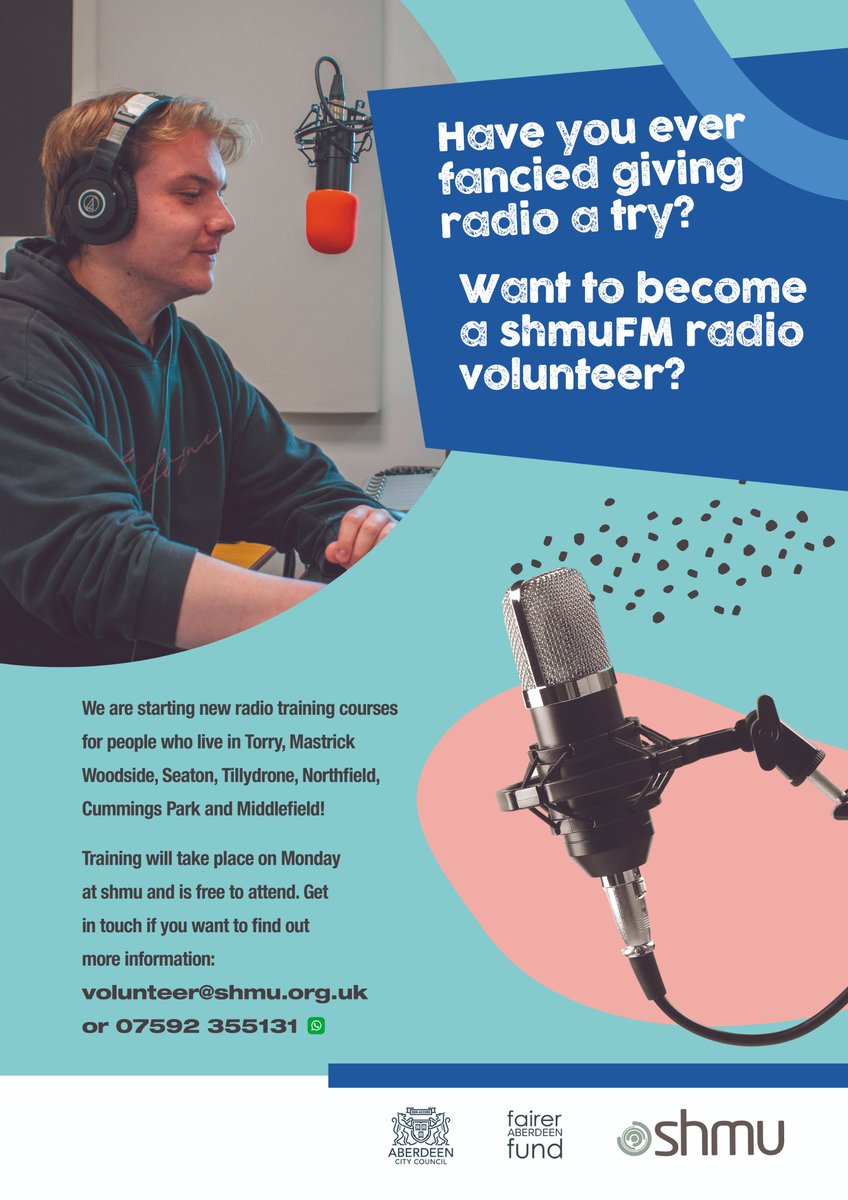 Every fancied having your own radio show? We're starting our next training course for people living in Middlefield, Torry, Northfield, Cummings Park, Woodside, Mastrick, Seaton and Tillydrone on the 10th of June!  contact volunteer@shmu.org.uk or 07592 355 131 #FairerAberdeen