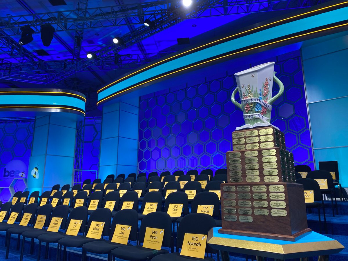 The stage is prepped. And the Scripps Cup waits to find out whose name will be added to it. Good luck today, spellers! Bee strong. 🐝 #spellingbee