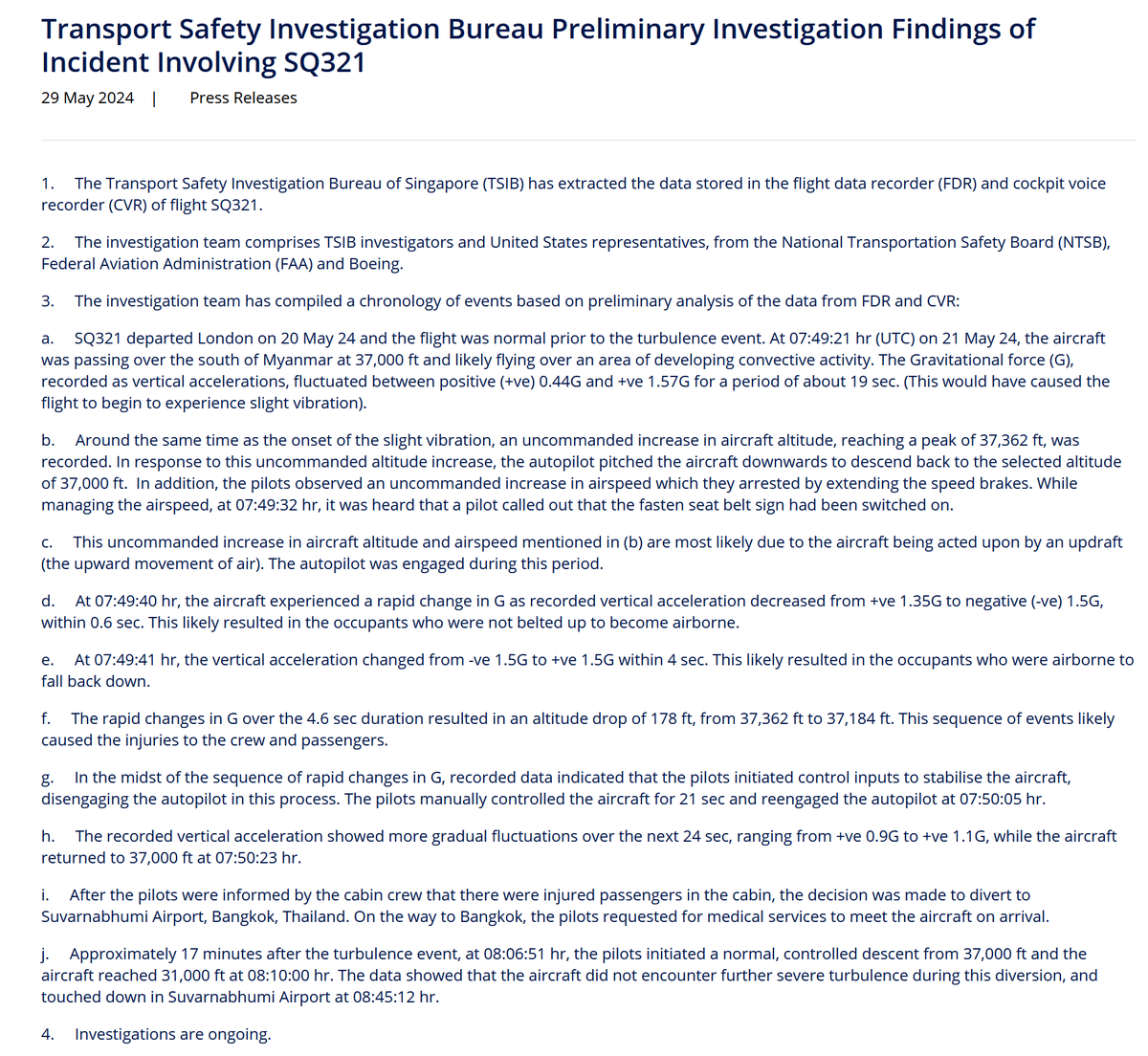 The Singapore Transport Safety Investigation Bureau (TSIB) published their preliminary investigation findings on the turbulence accident involving Singapore Airlines flight #SQ321
mot.gov.sg/news/details/t…
