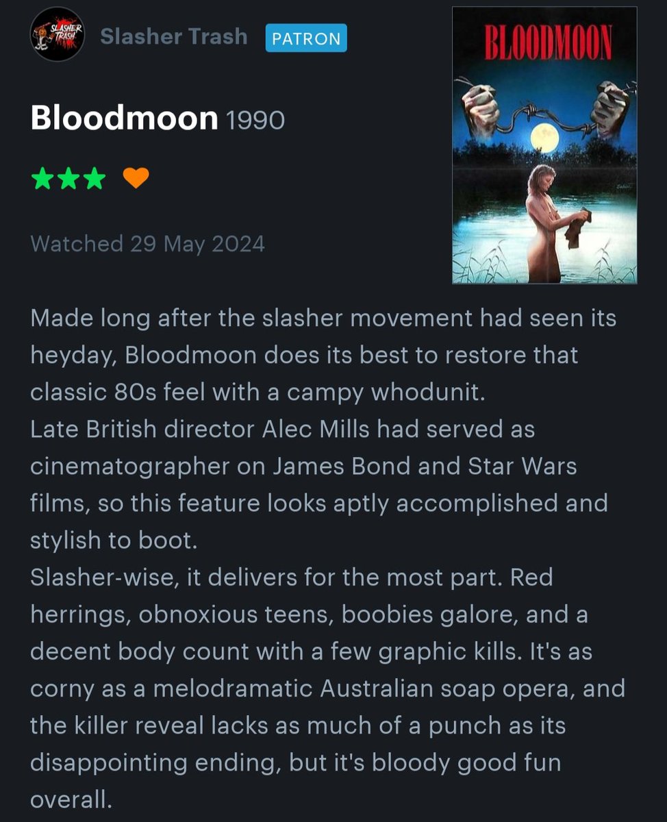 My Letterboxd review for BLOODMOON (1990) 🎃🔪 Follow @SlasherTrash on Letterboxd: boxd.it/GdMn