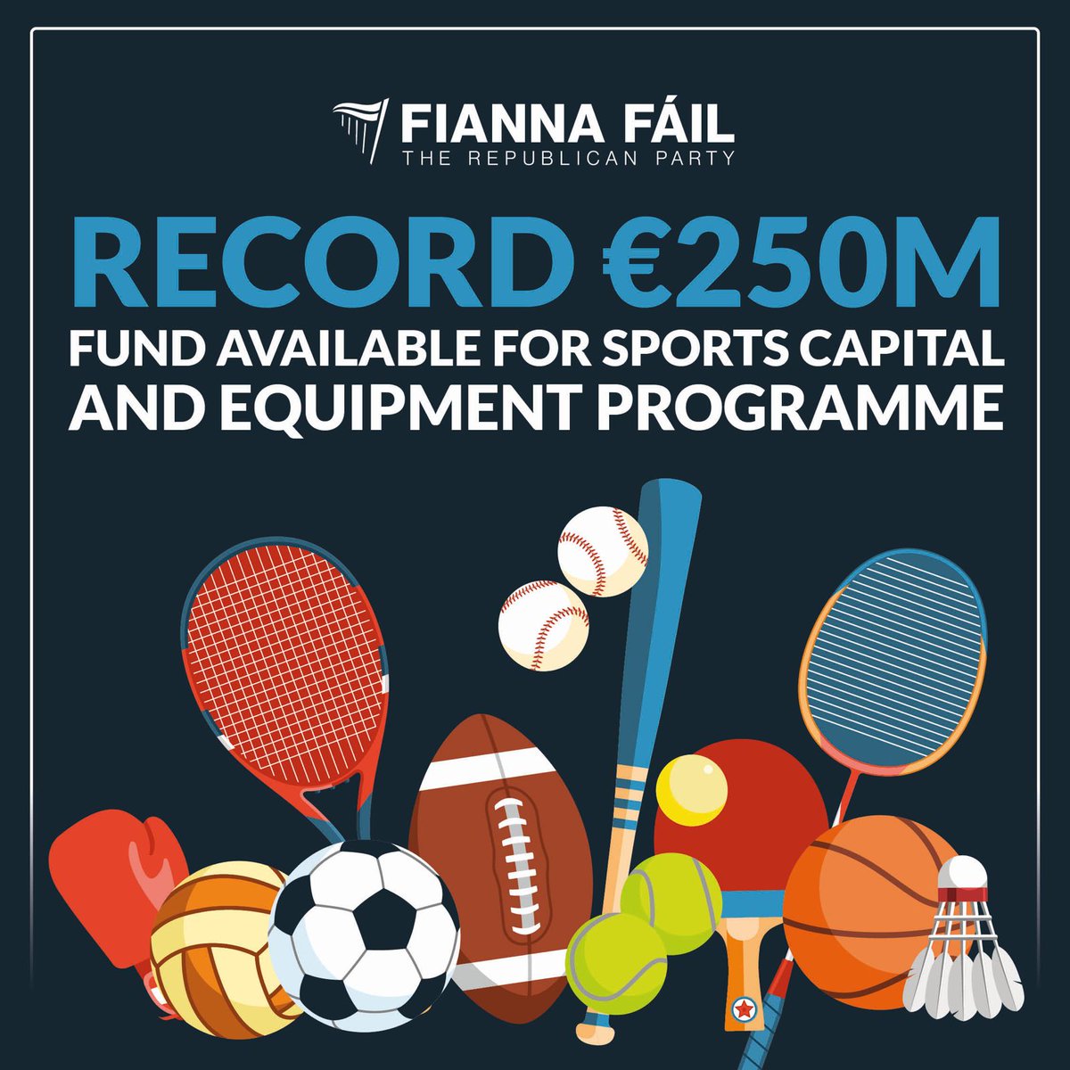 €250m in funding announced for the largest-ever investment, under Fianna Fáil, in sports facilities nationwide. Minister for Sport @ThomasByrneTD will confirm individual allocations later in the autumn.