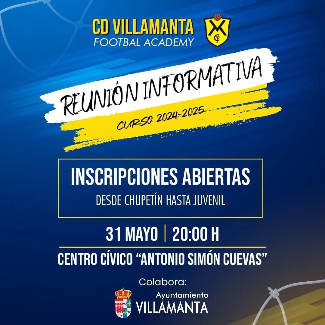 REUNIÓN INFORMATIVA TEMPORADA 2024/2025 ⚽

🗓️ 31 de mayo 

⏰ 20:00 horas

📍 Centro Cívico Antonio Simón Cuevas (Villamanta)