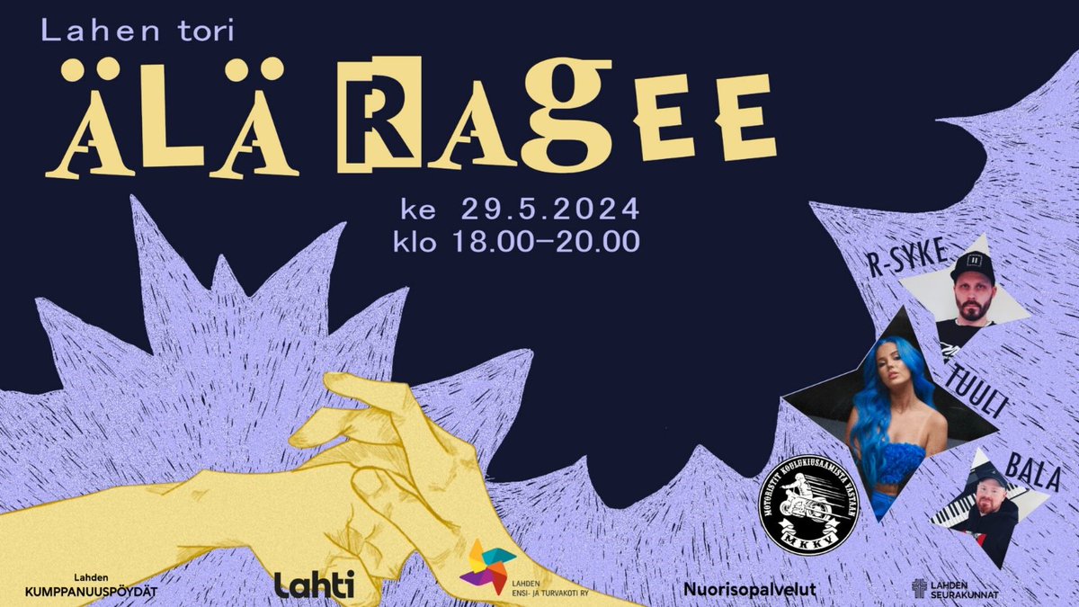 Tänään Lahen torilla Älä ra­gee -ta­pah­tu­ma nuor­ten vä­ki­val­taa vas­taan. Tavoitteena kohdata paljon nuoria ja jutella heidän kanssa turvallisuudesta sekä keinoista käsitellä ja välttää väkivaltaa.
Tavataan siellä😃
#ehkäisevätyö #lähisuhdeturvallisuus #lahessatöissä