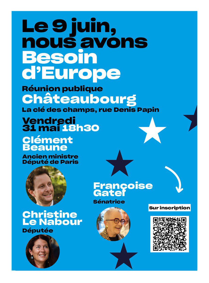 Renaissance_35's tweet photo. 🇪🇺Européennes #9juin2024 

Après Montfort-sur-Meu et Vitré, @BesoindEurope fait étape, cette fin de semaine, à :
 📍Châteaubourg 
Vendredi 31 mai à 18h30
📍 Bain-de-Bretagne
Samedi 1er juin à 18h30

Venez parler d’Europe avec nous !

👉🏼 Inscription : https://t.co/JlIpbG4UpI https://t.co/YjQFARjWZc