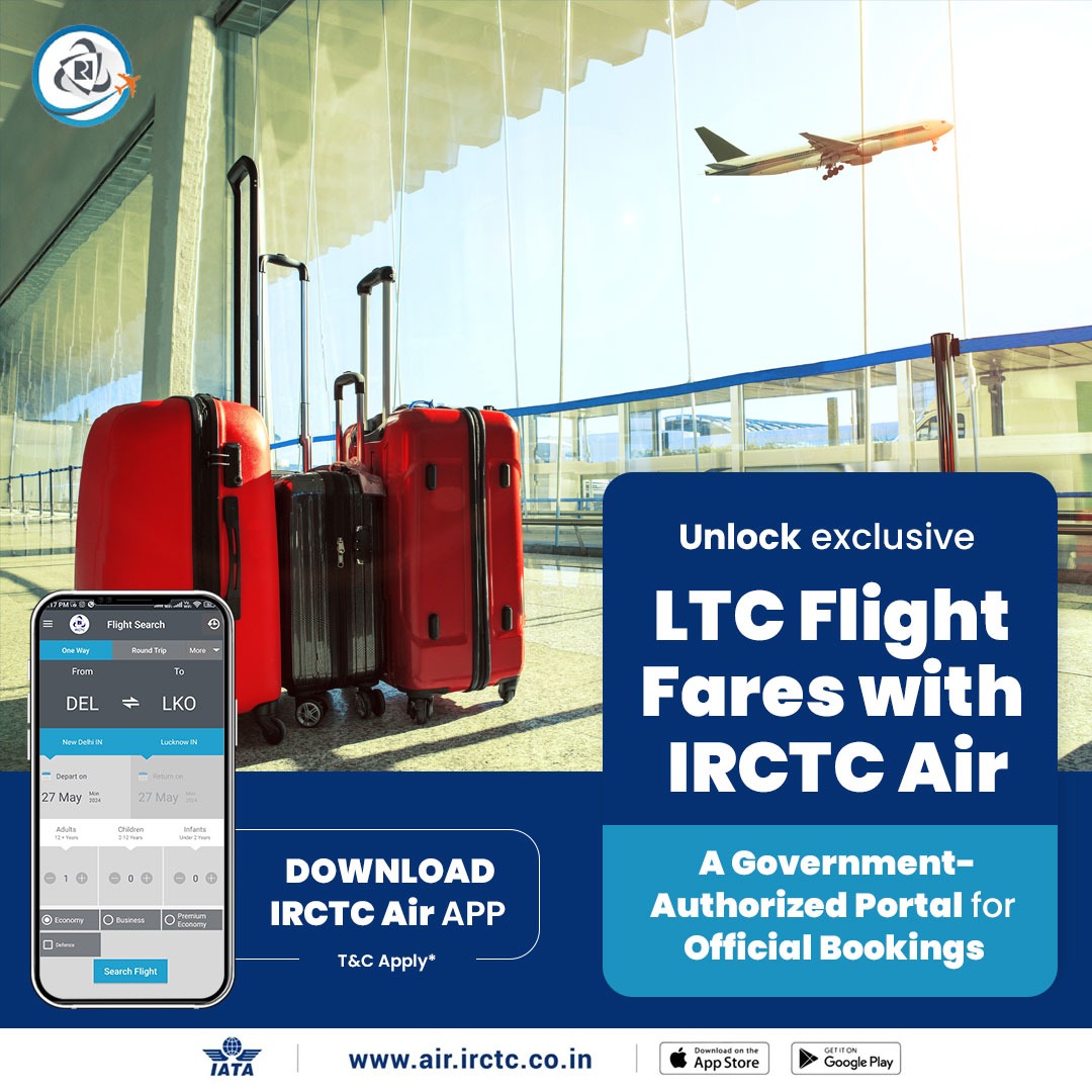 Visit IRCTC Air to unlock #LTC benefits for #government #employees on your next flight. Book air tickets on air.irctc.co.in or the IRCTC Air app now. #FlyWithEase #LTCBenefits #IRCTCAir #TravelSmart #BookYourFlight #AirTravel #TravelConvenience #HassleFreeTravel