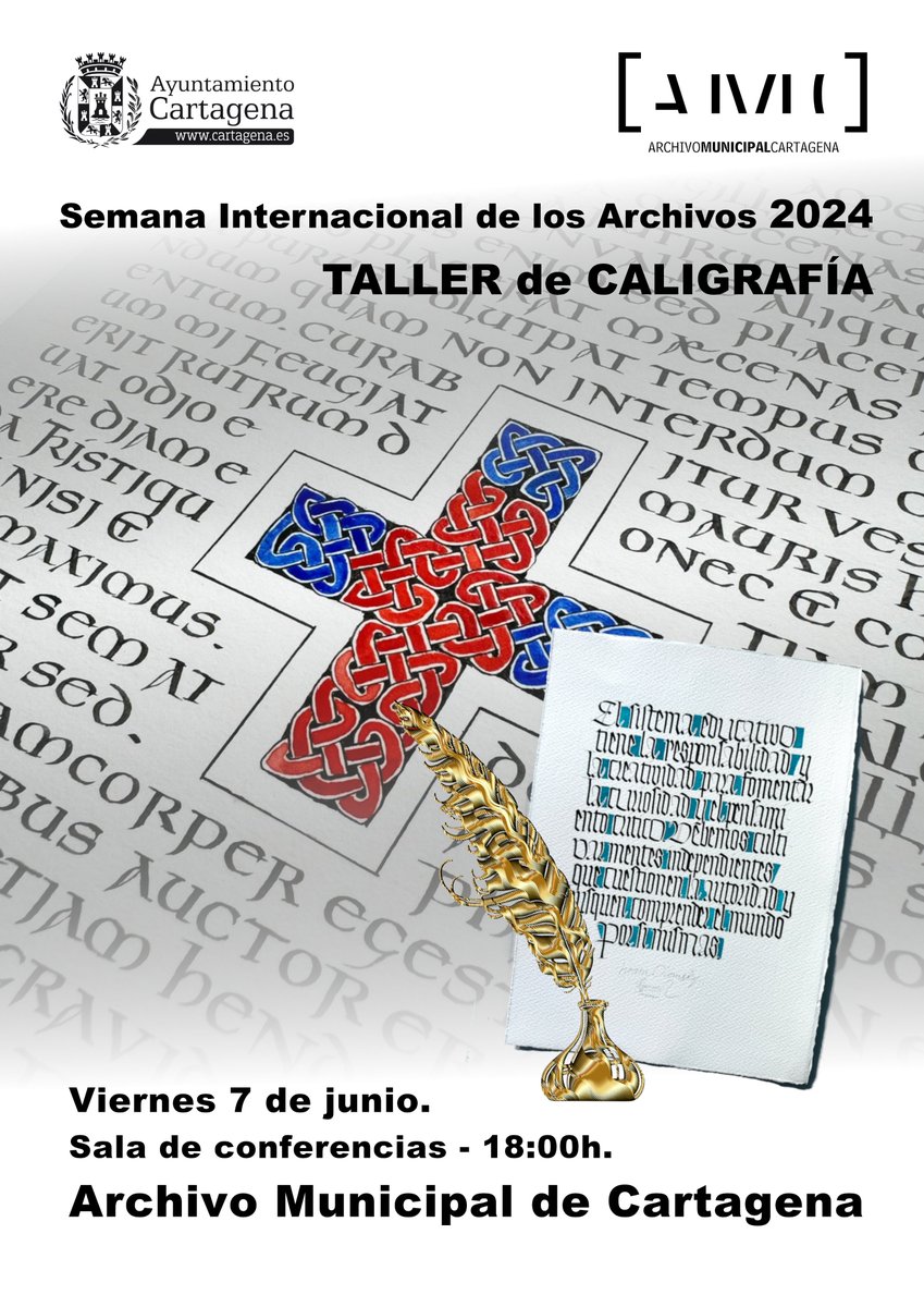 ✒️ Semana Internacional de los Archivos: 'Taller de caligrafía' 📍 Será impartido por el calígrafo cartagenero Kiko García. 📅 Viernes 7 de junio. ⏰ 18:00 h. 🏛️ Archivo Municipal de Cartagena.