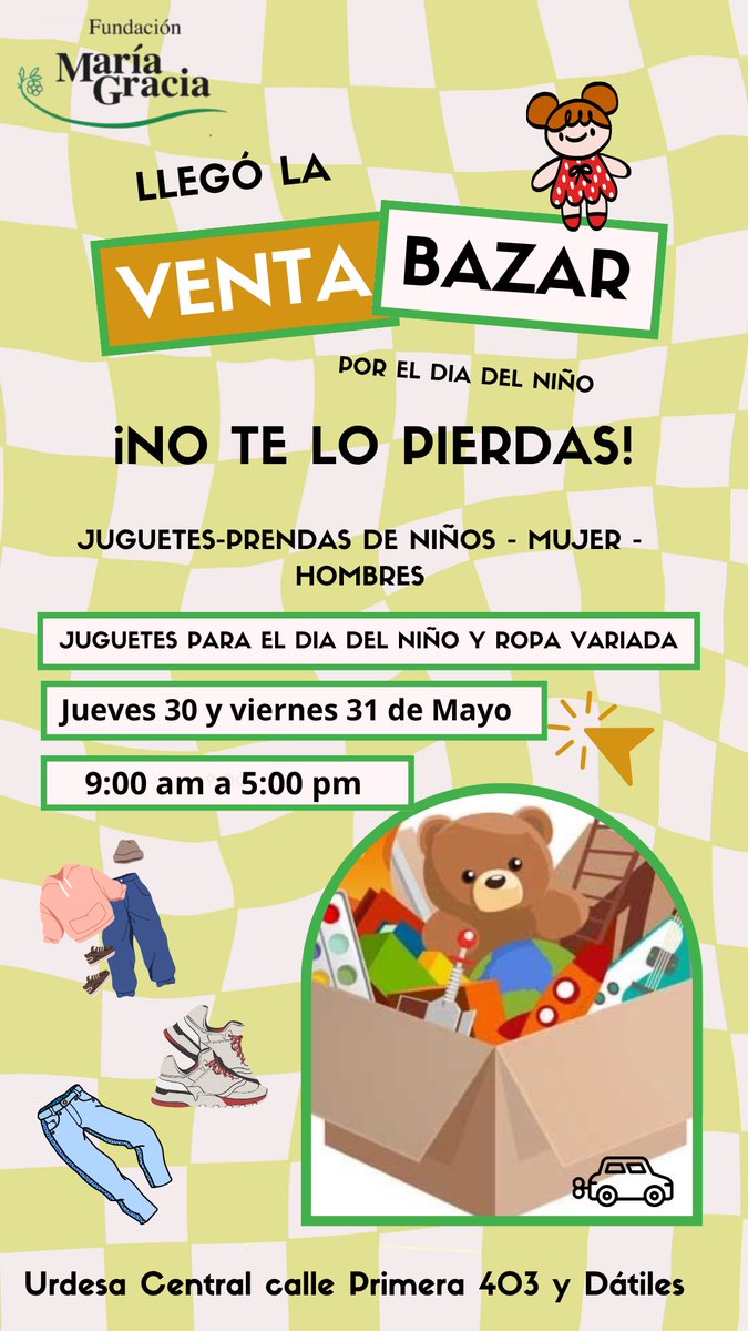 Una manera de autofinanciar nuestra atención a los niños con desnutrición crónica, es realizando cada mes, una Venta De Bazar ( Garaje )

Apóyanos comprando o donando, este jueves 30 y Viernes 31 de mayo 😊.

Por el día del niño tendremos 🧸 Juguetes, ropa para todos❗️ 
Danos #RT