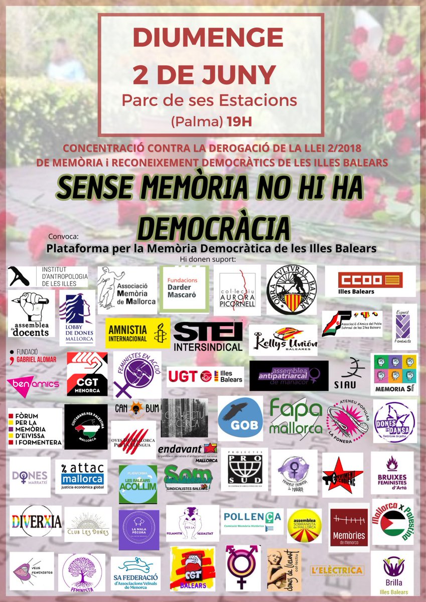 📢 Aquest diumenge 2 de juny a les 19.00 h al Parc de Ses Estacions de Palma, ens manifestarem  contra la derogació de la Llei 2/2018 de Memòria i Reconeixement Democràtics de les illes Balears. Uneix-te a nosaltres! Sense memòria no hi ha democràcia #MemoriaHistórica #CCOO