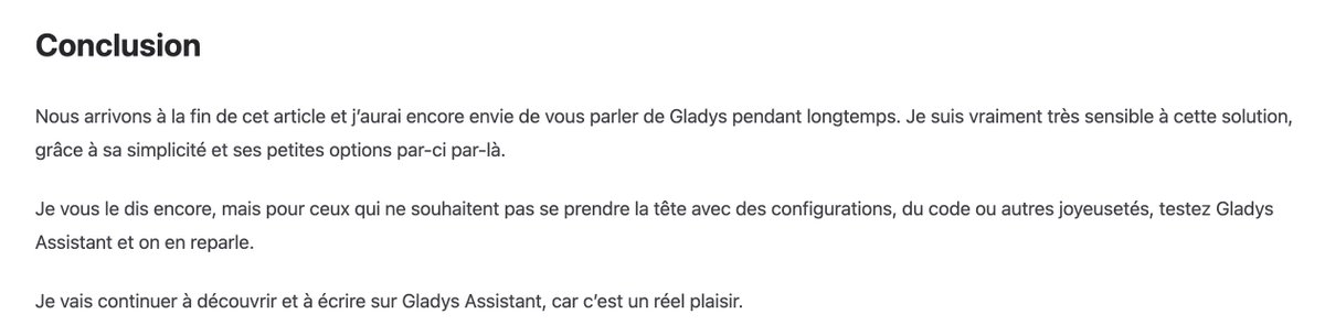 Super série de @McFlyPartages sur son blog à propos de Gladys ! 

Pensez à le follow, son blog est passionnant 🙂

Un blog très complet sur plein de sujets : Home Assistant, Linux, Docker, Zigbee et Gladys !