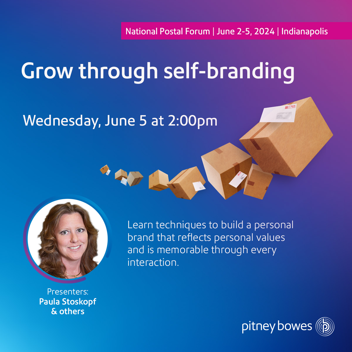 Unlock your potential. Join us June 5, 2 PM to master self-branding with Paula Stoskopf. Build a personal brand that truly represents you. Learn more: spr.ly/6015eBCLP #mail #npf #npf2024 #nationalpostalforum @postalforum