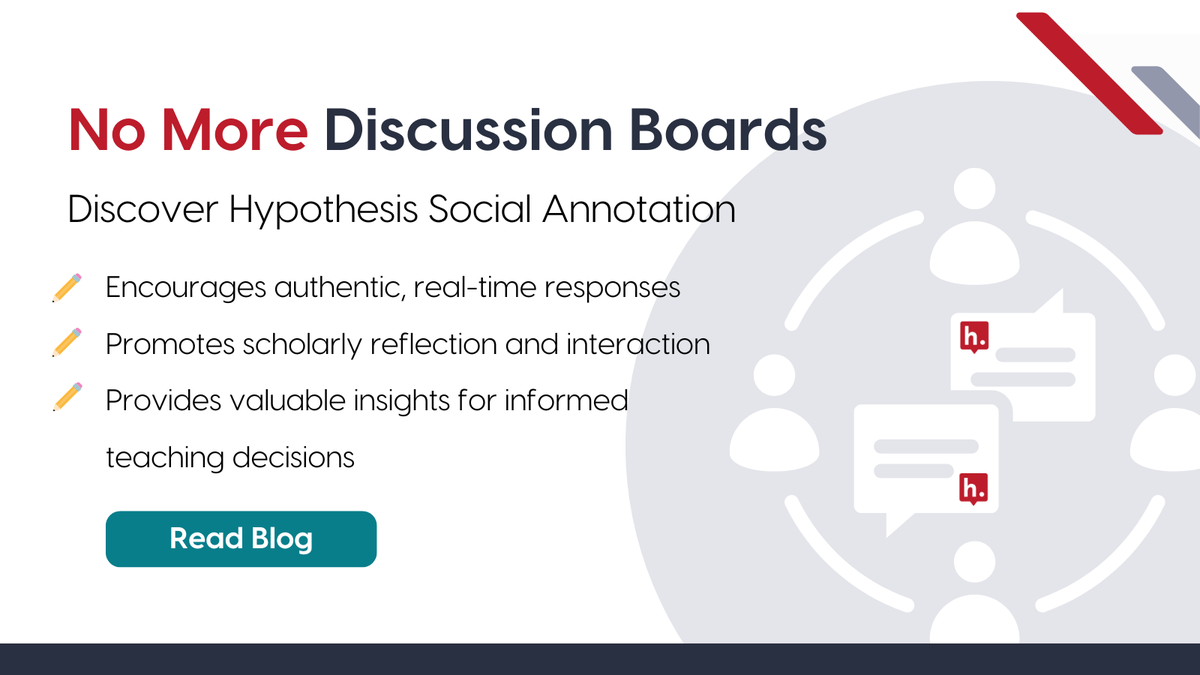 Say goodbye to dull discussion boards! Use Hypothesis social annotation for real-time, authentic conversations directly on the text. Boost engagement, reflection, and student contributions.

Read our blog here: hubs.li/Q02ywPjq0

#EdTech #HigherEd #SocialAnnotation