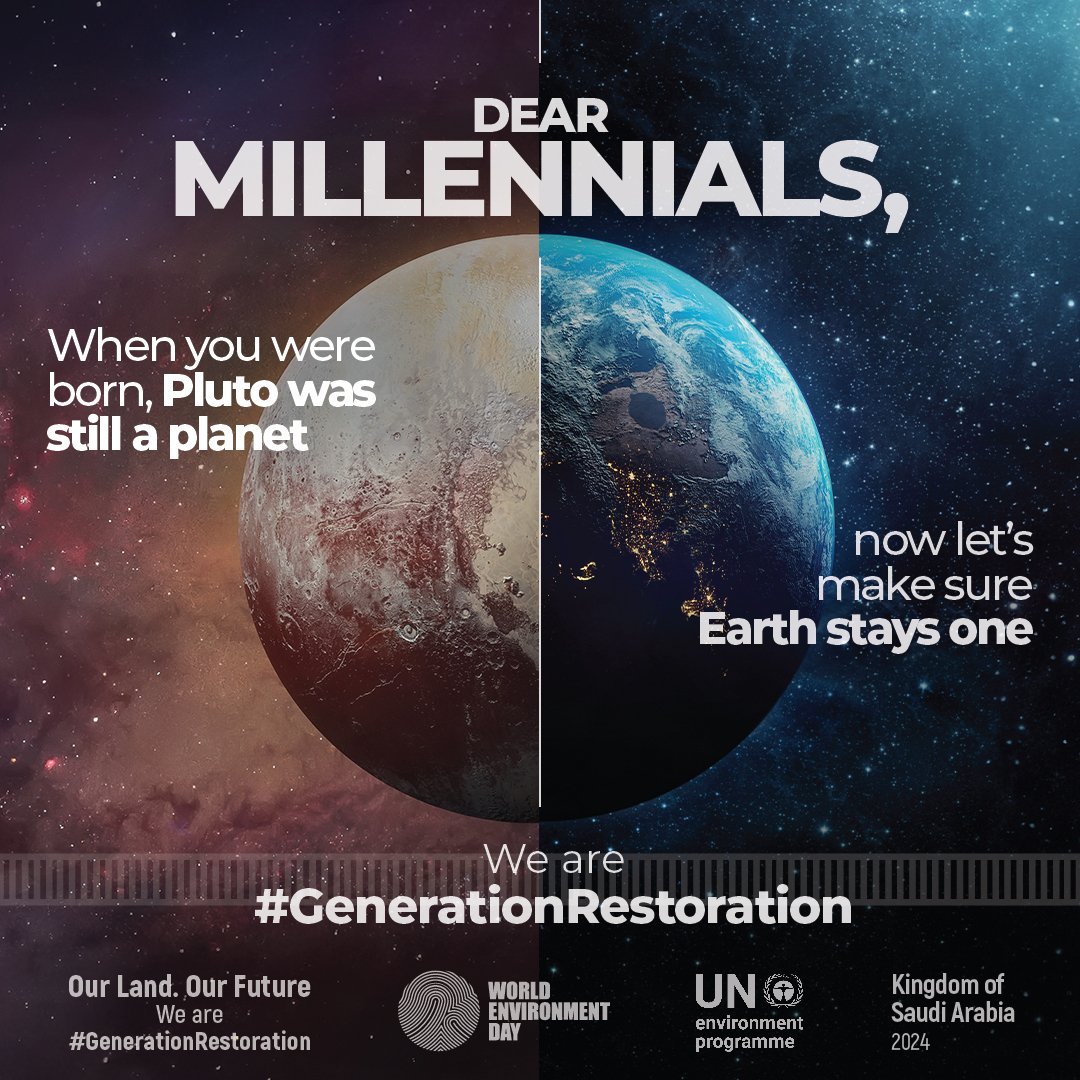 Our future on planet Earth is at risk.

We are not just Boomers, Gen X, Millennials, or Gen Z.

We are all #GenerationRestoration with one future; let’s act like it.

5 June is #WorldEnvironmentDay: worldenvironmentday.global

Via <a href="/UNEP/">UN Environment Programme</a>