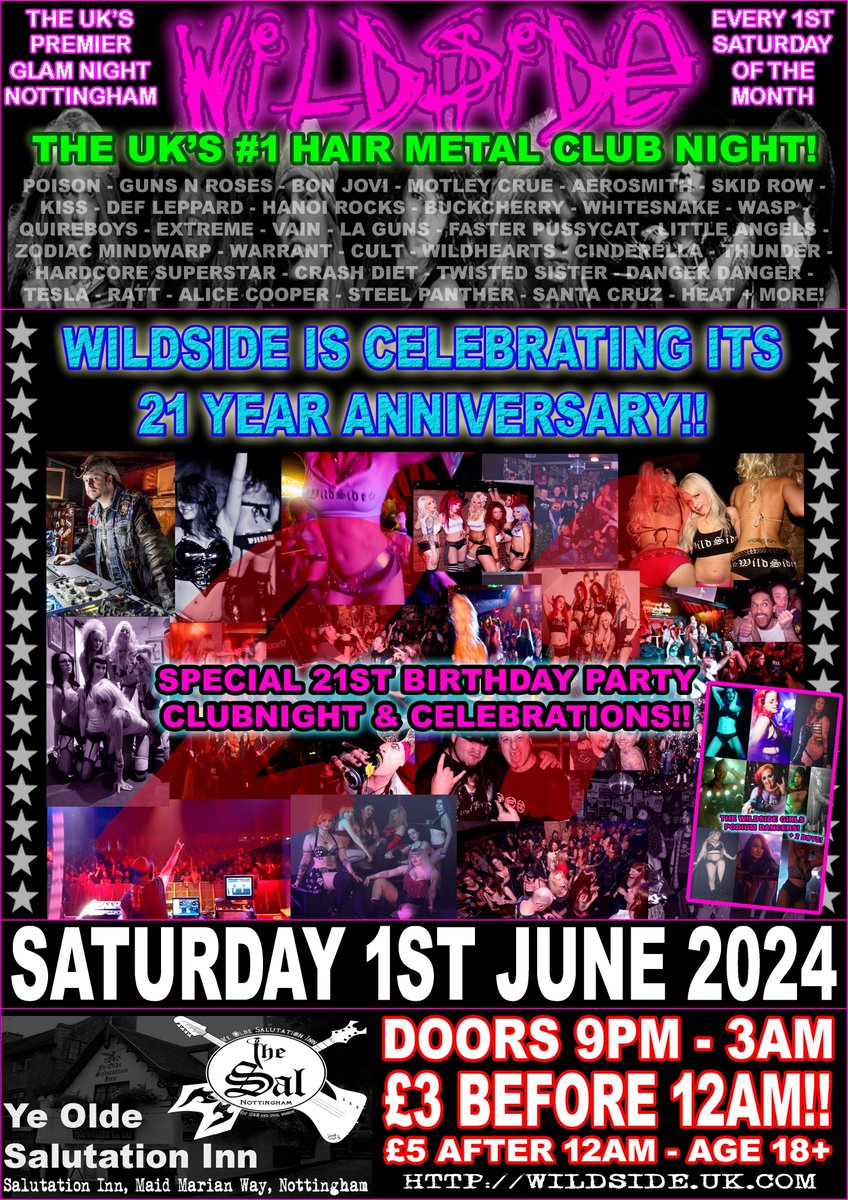 This Saturday night for ⭐️WILDSIDE⭐️ it's our 21 year anniversary!! 🤩 With a special 21st birthday party clubnight & celebrations! 🥳🤘

#HairMetal / #Glam / #HardRock / #80sRockAnthems / #AORSalutation Inn - Nottingham UK
Saturday 1st June
Cheap £3 entry <12am!
9PM doors open!