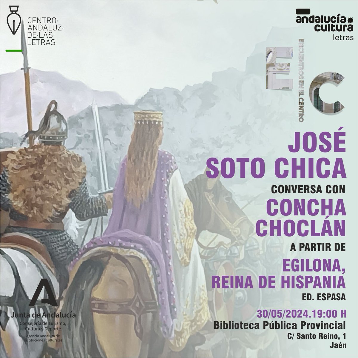 📚 @letrasandalucia te propone hoy, a las 19h en la Biblioteca Provincial de #Jaén, un encuentro con José Soto Chica y Concha Choclán sobre la Hispania visigoda. lajunta.es/4tuom @CulturaAND @JaenJunta @editorialespasa