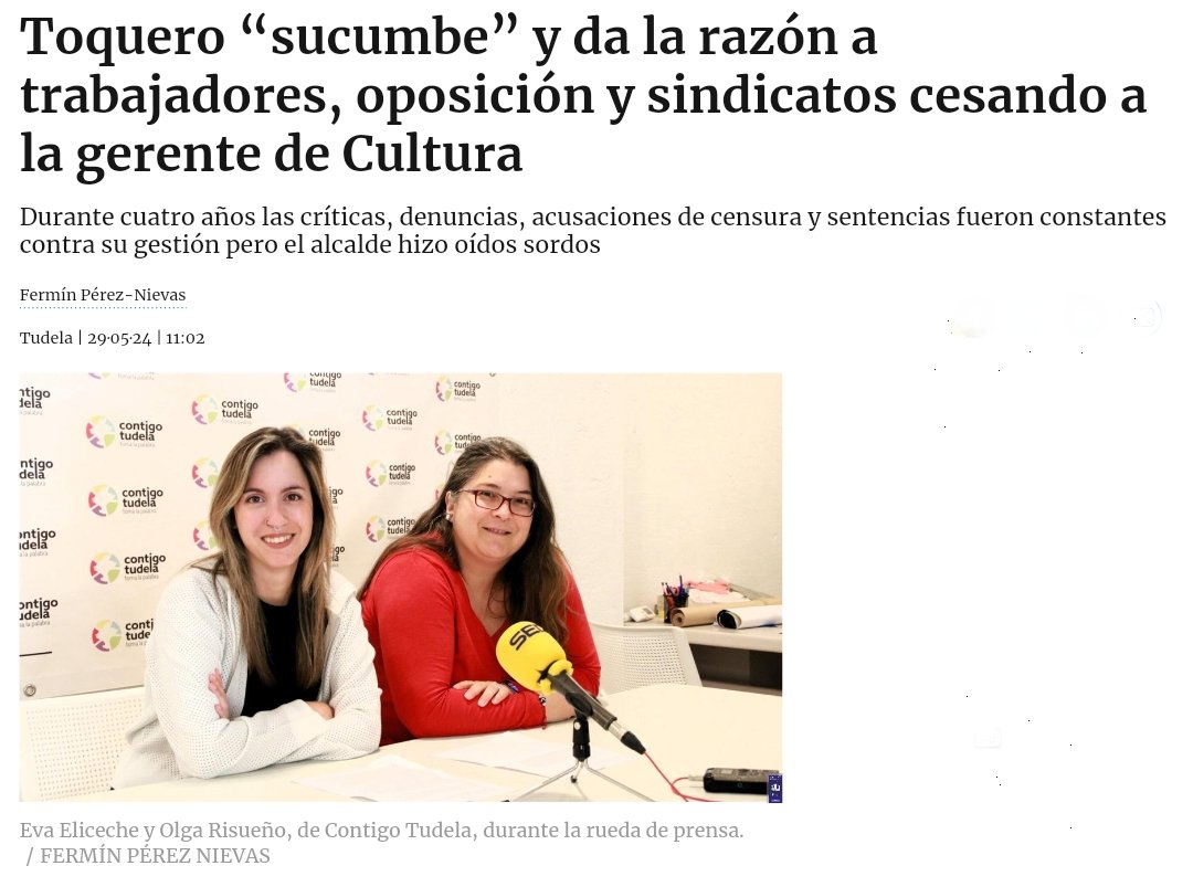 Contigo_Tudela's tweet photo. 🗣️ Tras cinco años negando la realidad, el alcalde de #Tudela,  Alejandro Toquero ha dado la razón a la oposición y a los sindicatos y ha procedido al cese de la directora gerente de la Epel Tudela-Cultura.
#hablemosdetudela #LaborDeOposicion #PESIMAgestion  #cultura https://t.co/JEg7rzwoQ3 vía @noticiasnavarra