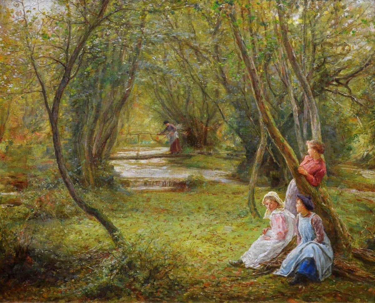 Edgar Barclay, British painter (1842 – 1913) Girls in Autumn Woodland - 19th Century English Landscape Oil Painting circa 1880