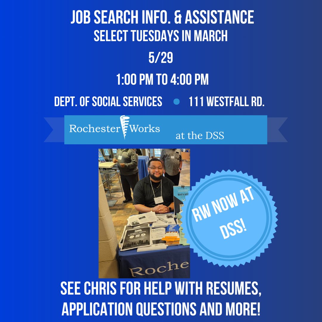 RochesterWorks Career Services Advisor Chris will be at DSS 111 Westfall Rd TODAY, providing FREE job search information and assistance to help you with your job search! Come take advantage of these resources. No appointment needed!

#JobSeekers #JobAssistance #YouthEmployment