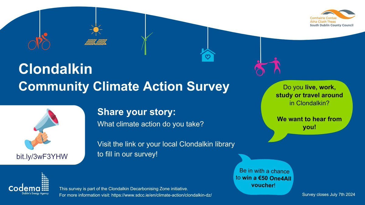 South Dublin County Council has identified Clondalkin as a key area for climate action. Take our survey to tell us what climate action you take part in and be in with a chance to win a €50 voucher! Follow the link to take the survey buff.ly/4aE1HdF