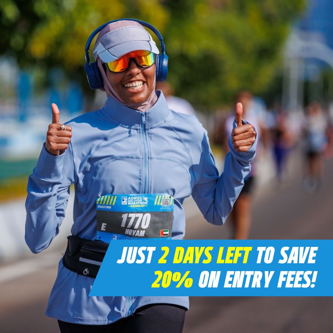 Just two more days left until prices increase! Sign up for the 2024 ADNOC Abu Dhabi Marathon today to enjoy a 20% discount on entry!

bit.ly/2DAYSleftFOR20…

#RunInAbuDhabi #runningcommunity #abudhabifitness #running #marathon